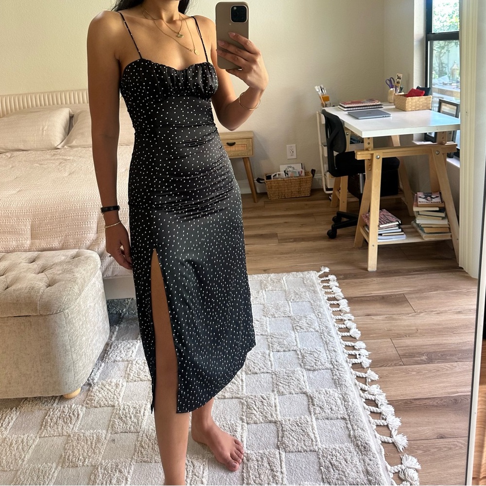 Zara Black Polka Dot Midi Slip Dress with Side Slit